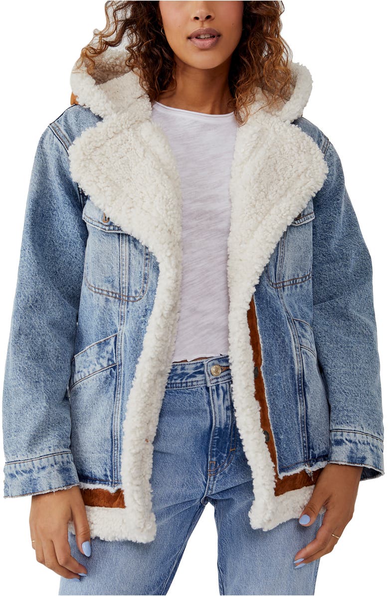 Free People We the Free Magnolia Faux Shearling Lined Hooded Cotton Denim Jacket, Main, color,