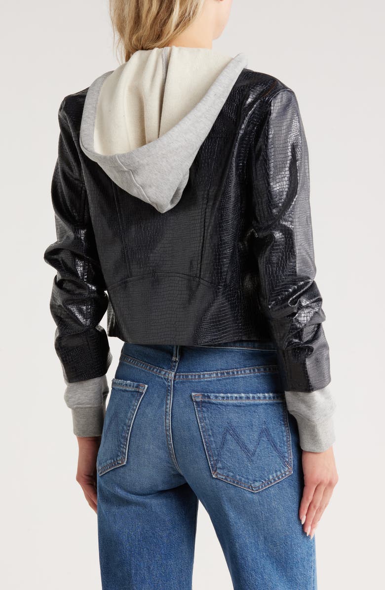 Cinq à Sept Evie Snakeprint Embossed Mixed Media Faux Leather Moto Jacket, Alternate, color, Navy/ Heather Grey