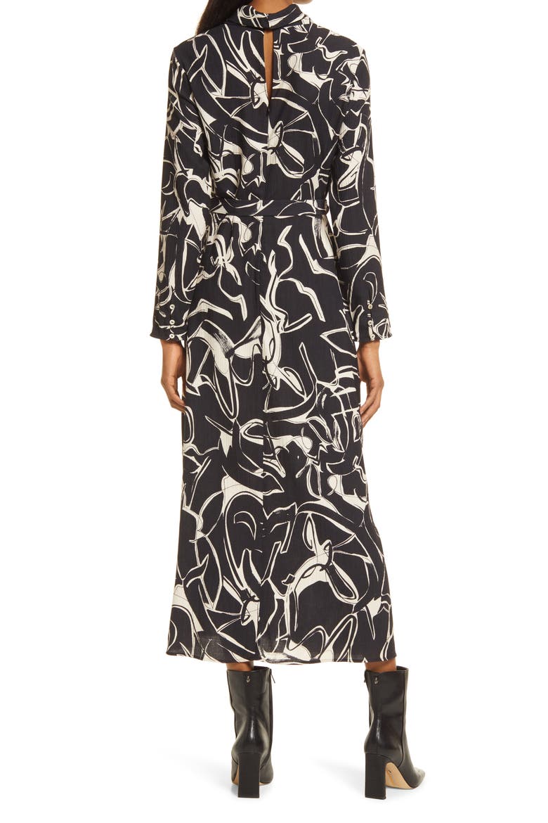 Abstract Print Belted Long Sleeve Midi Dress, Alternate, color, BLACK AOP