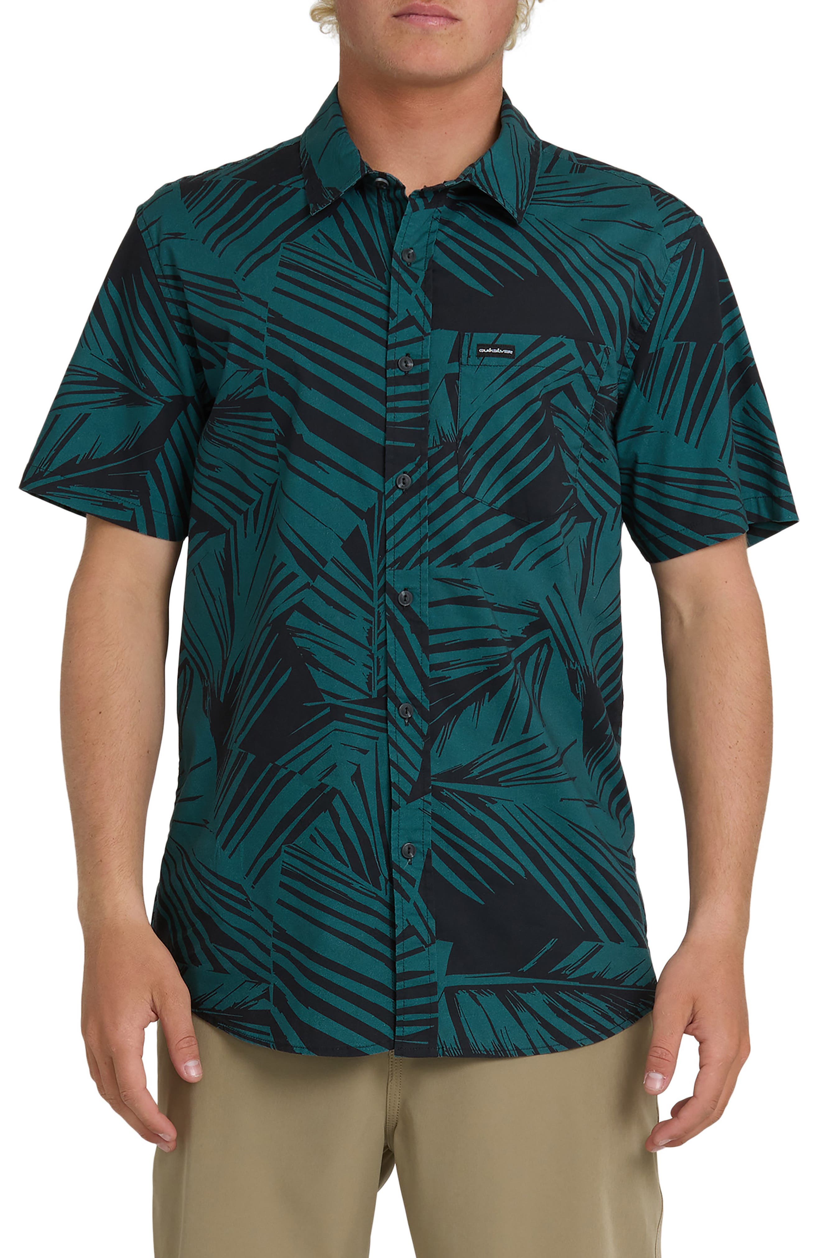 Quiksilver Aruba Palms Print Regular Fit Short Sleeve Cotton Button-Up Shirt