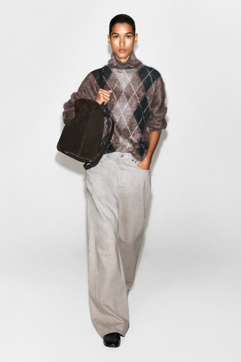 Argyle Brushed Pure Cashmere Mock-neck Sweater, Alternate, color, BROWN