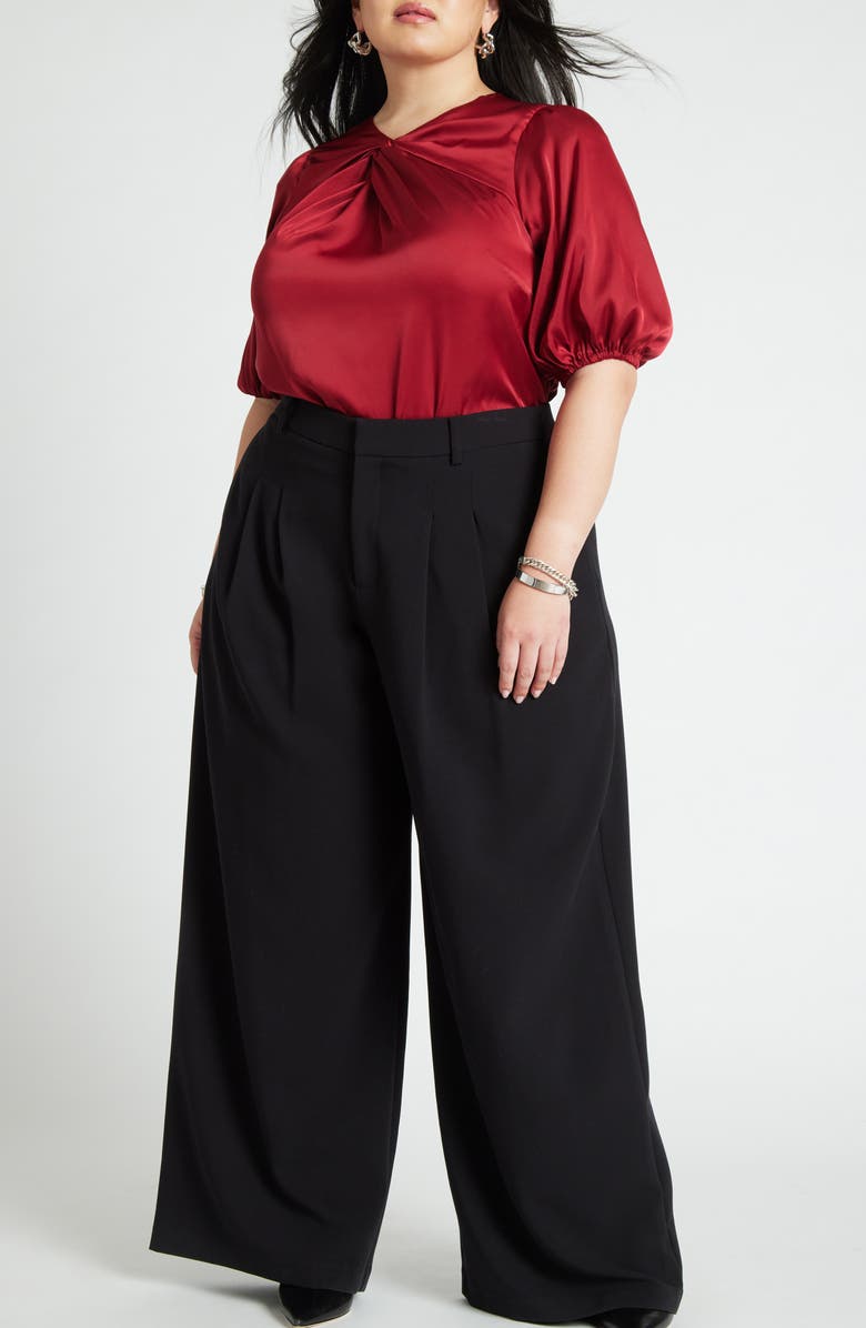 ELOQUII Twist Neck Puff Sleeve Satin Top, Alternate, color,