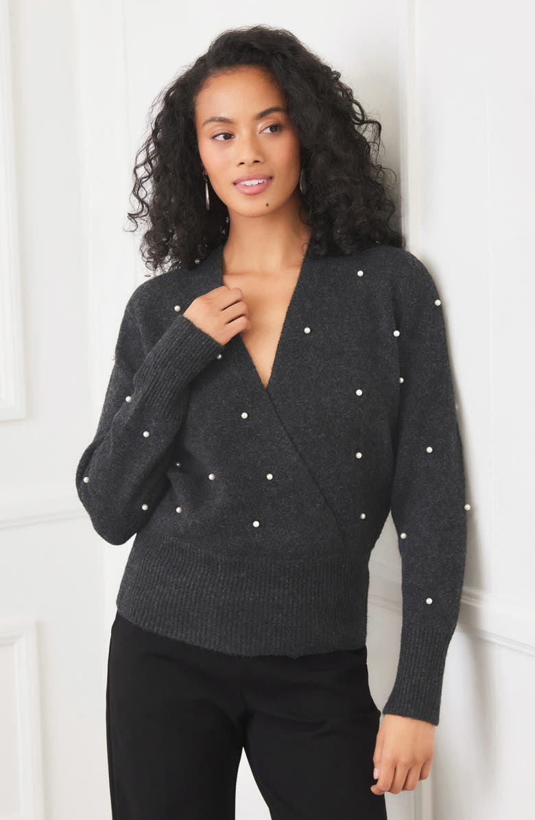 Karen Kane Faux Pearl Embellished Wrap Sweater, Alternate, color, Charcoal