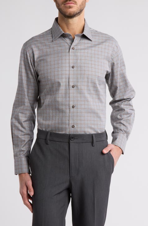 Trim Fit Heathered Windowpane Cotton Dress Shirt (Regular & Big)