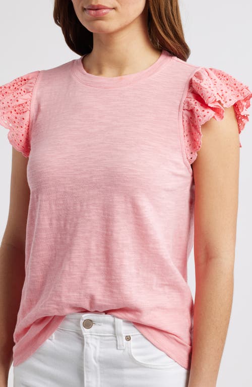 Shop Caslonr Caslon(r) Mixed Media Eyelet Sleeve T-shirt In Pink Geranium