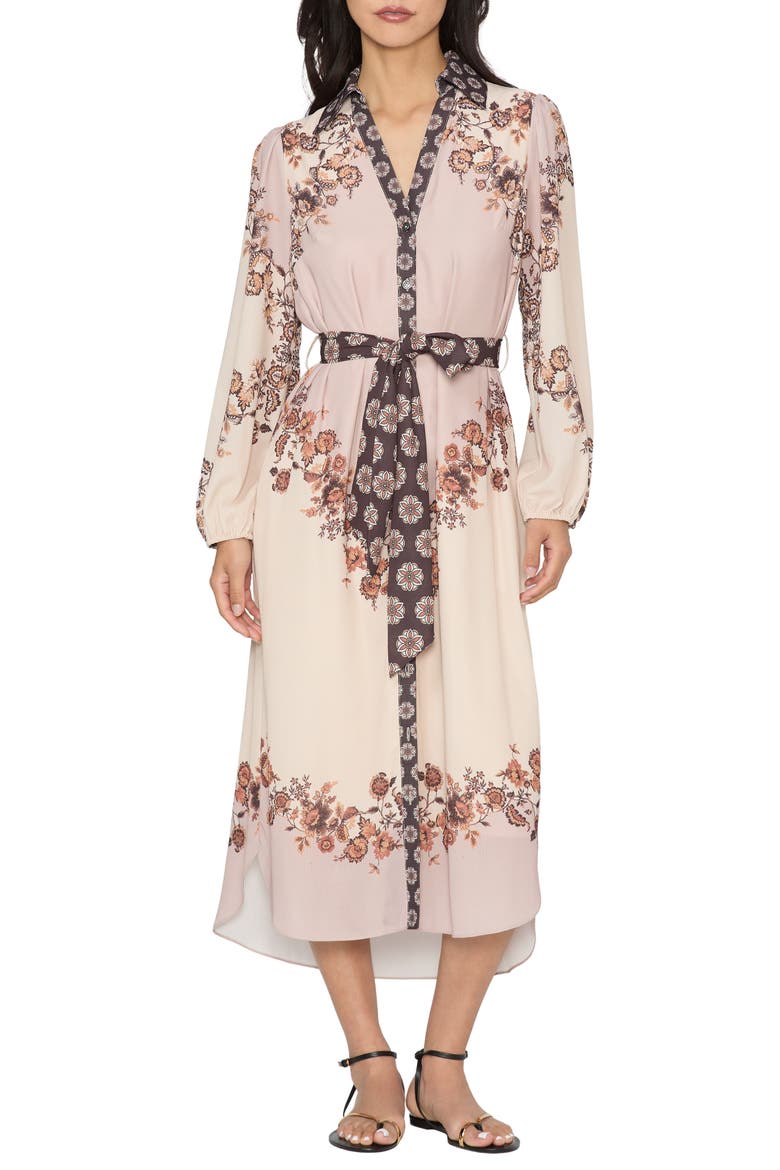 Clover Floral Print Midi Shirtdress, Main, color, BROWN MULTI