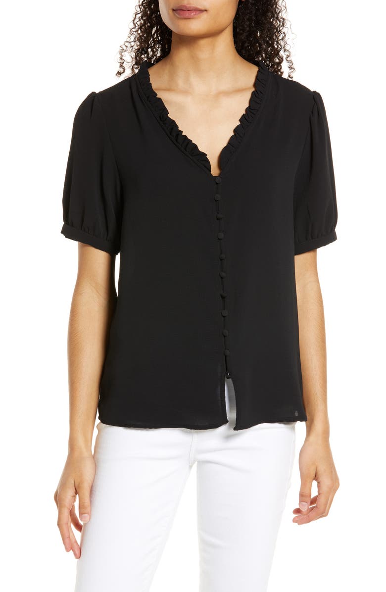 CeCe Frill V-Neck Button-Up Blouse, Main, color, 
