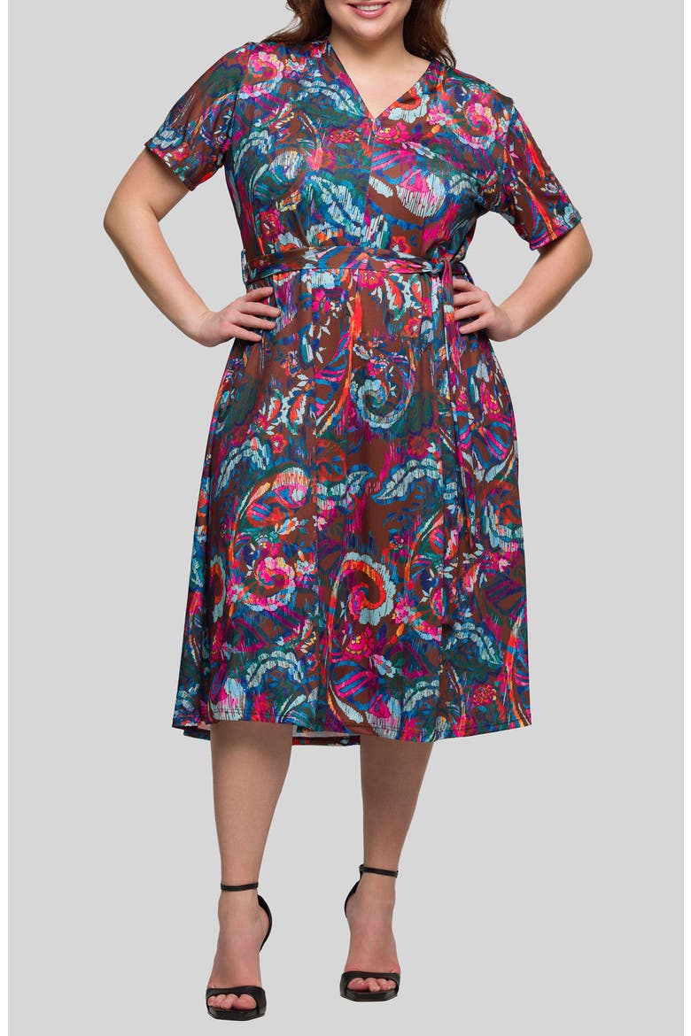 Abstract Floral Tie Waist Knit Midi Dress, Main, color, PINK MULTI