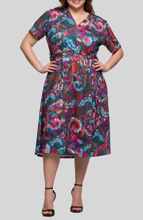 Abstract Floral Tie Waist Knit Midi Dress (Plus)