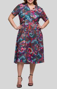 24seven Comfort Apparel Abstract Floral Tie Waist Knit Midi Dress