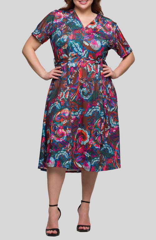 24seven Comfort Apparel Plus Size Print Short Sleeve Tie Waist Midi Dress In Pink Multi