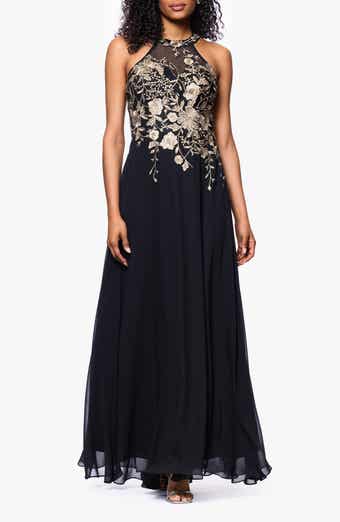 Betsy & Adam Metallic Embroidery Chiffon Gown