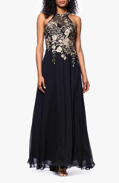 Betsy & Adam Metallic Embroidery Chiffon Gown