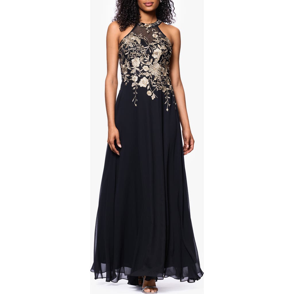 Betsy & Adam Metallic Embroidery Chiffon Gown In Black