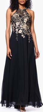 Betsy & Adam Metallic Embroidery Chiffon Gown