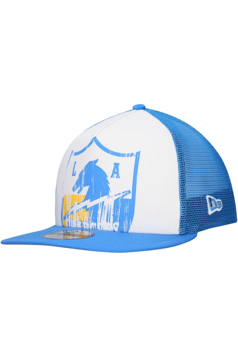 Men's New Era White/Powder Blue Los Angeles Chargers Distressed 9FIFTY A-Frame Snapback Hat, Main, color, White