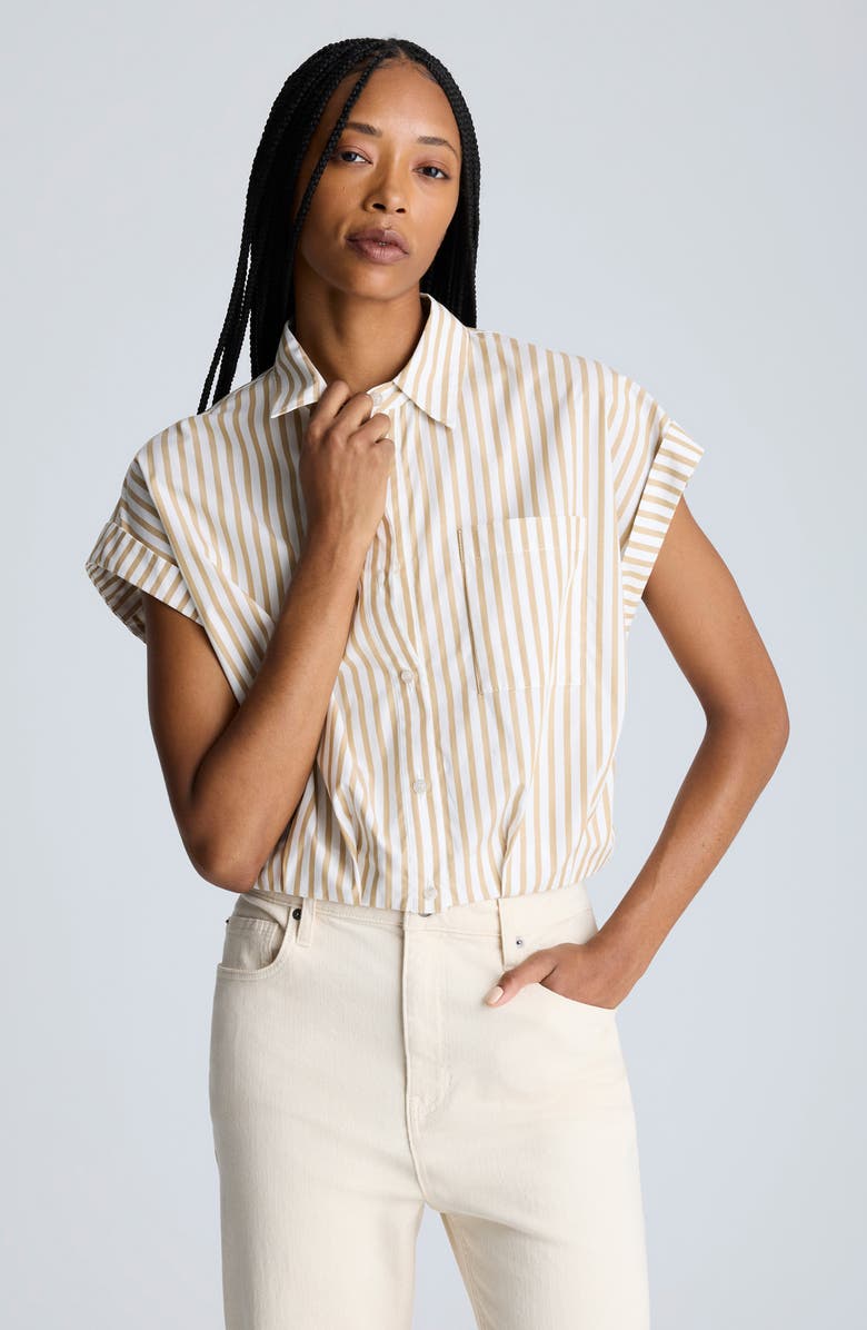 Kenneth Cole Oversize Stripe Cap Sleeve Cotton Button-Down Shirt, Alternate, color, Pure White/ Chai