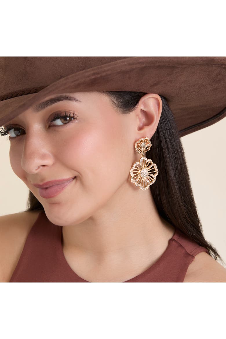 Clear Pave Crystal Flower Dangle Earrings, Alternate, color, Gold