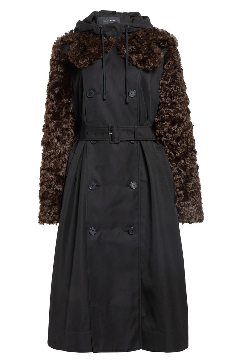 Faux Fur Detail Trench Coat, Alternate, color, BLACK/ BROWN