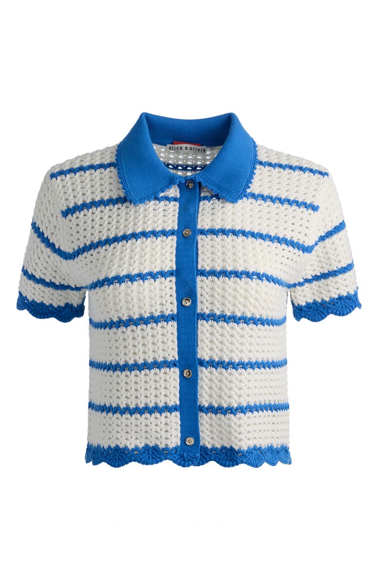 Alice + Olivia Randall Open Stitch Cotton Blend Cardigan, Alternate, color, Blue Iris/ White