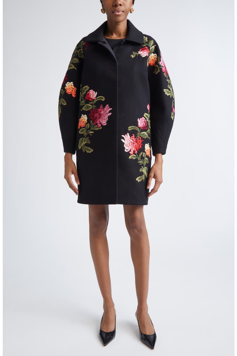 Chrysanthemum Embroidered Double Face Virgin Wool Cocoon Coat, Main, color, BLACK MULTI