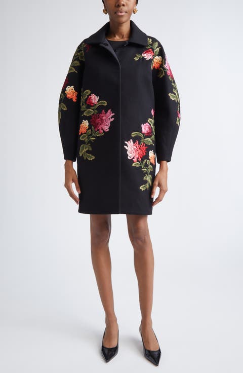 Chrysanthemum Embroidered Double Face Virgin Wool Cocoon Coat