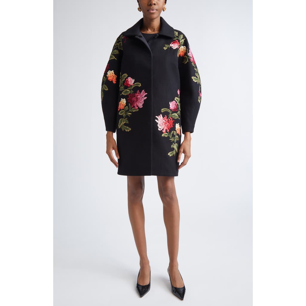 Carolina Herrera Chrysanthemum Embroidered Double Face Virgin Wool Cocoon Coat In Black