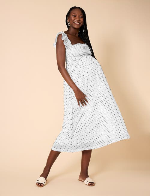 Motherhood Maternity Sleeveless Ruffle Shoulder Smocked Maxi Dress In White & Black Polka Dot
