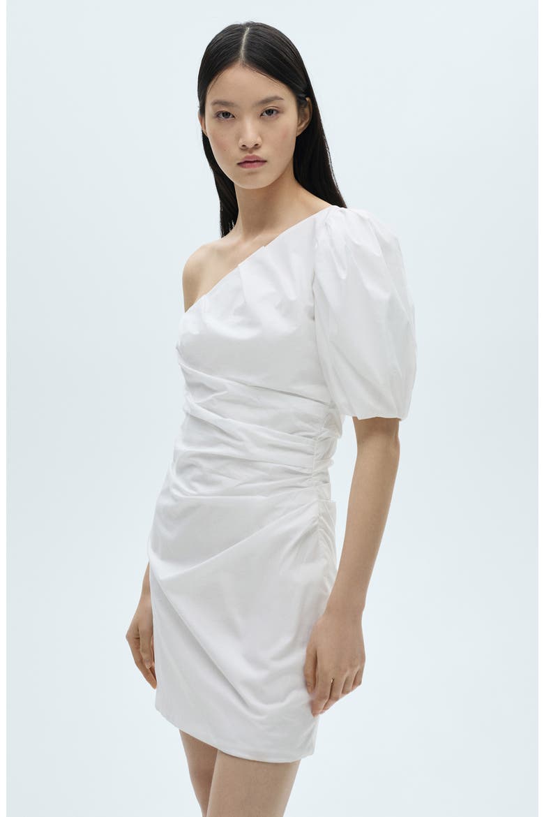 One-Shoulder Puff Sleeve Cotton Dress, Alternate, color, WHITE
