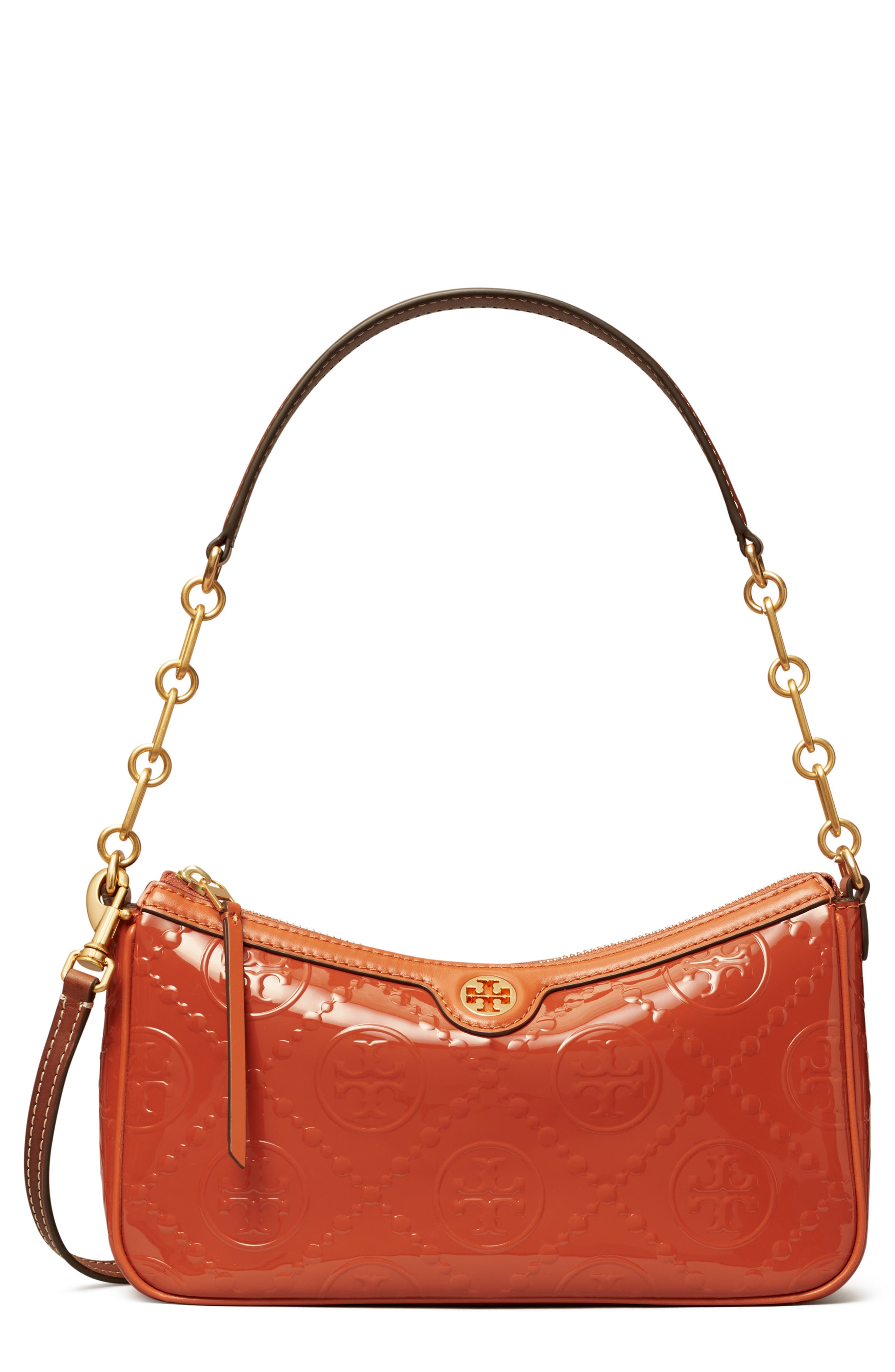 T Monogram Embossed Patent Leather Studio Bag, Main, color, SPRING SPICE
