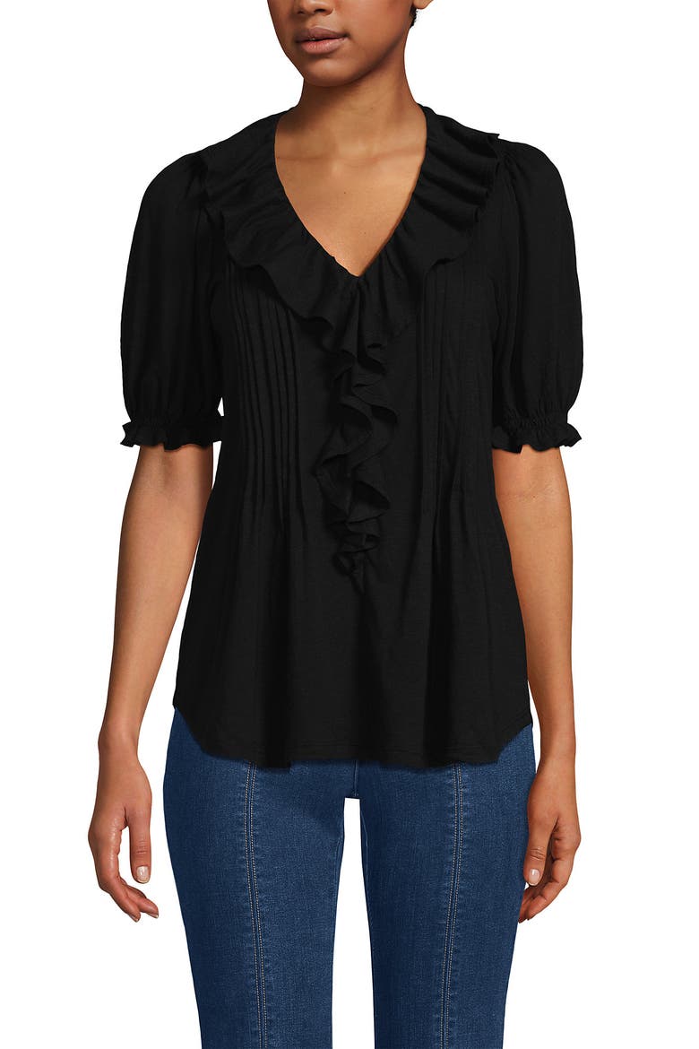 Puff Sleeve Slub Ruffle Pintuck Top, Main, color, Black