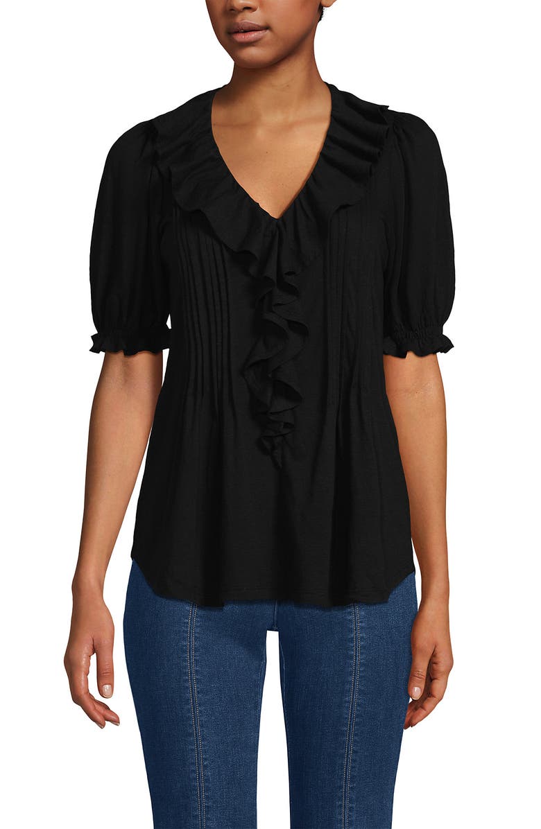 Lands' End Puff Sleeve Slub Ruffle Pintuck Top, Main, color, Black