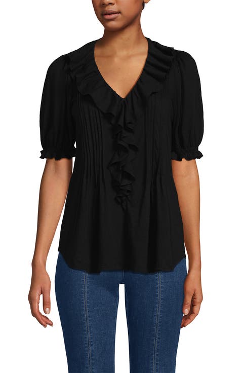 Puff Sleeve Slub Ruffle Pintuck Top