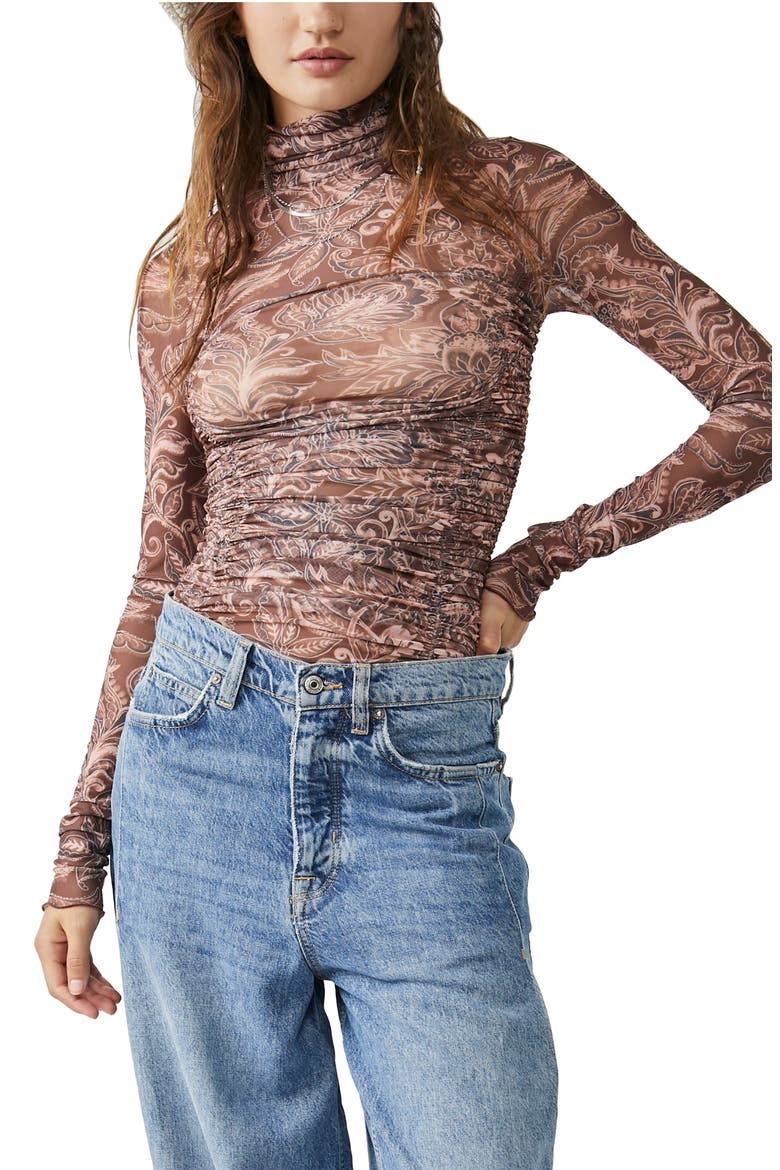 Under It All Ruched Mesh Turtleneck Bodysuit, Main, color, RUST COMBO