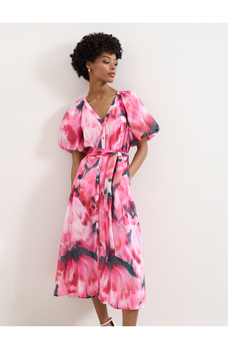 Phase Eight Caterina Puff Sleeve V-Neck Shirt Dress, Alternate, color, Pink