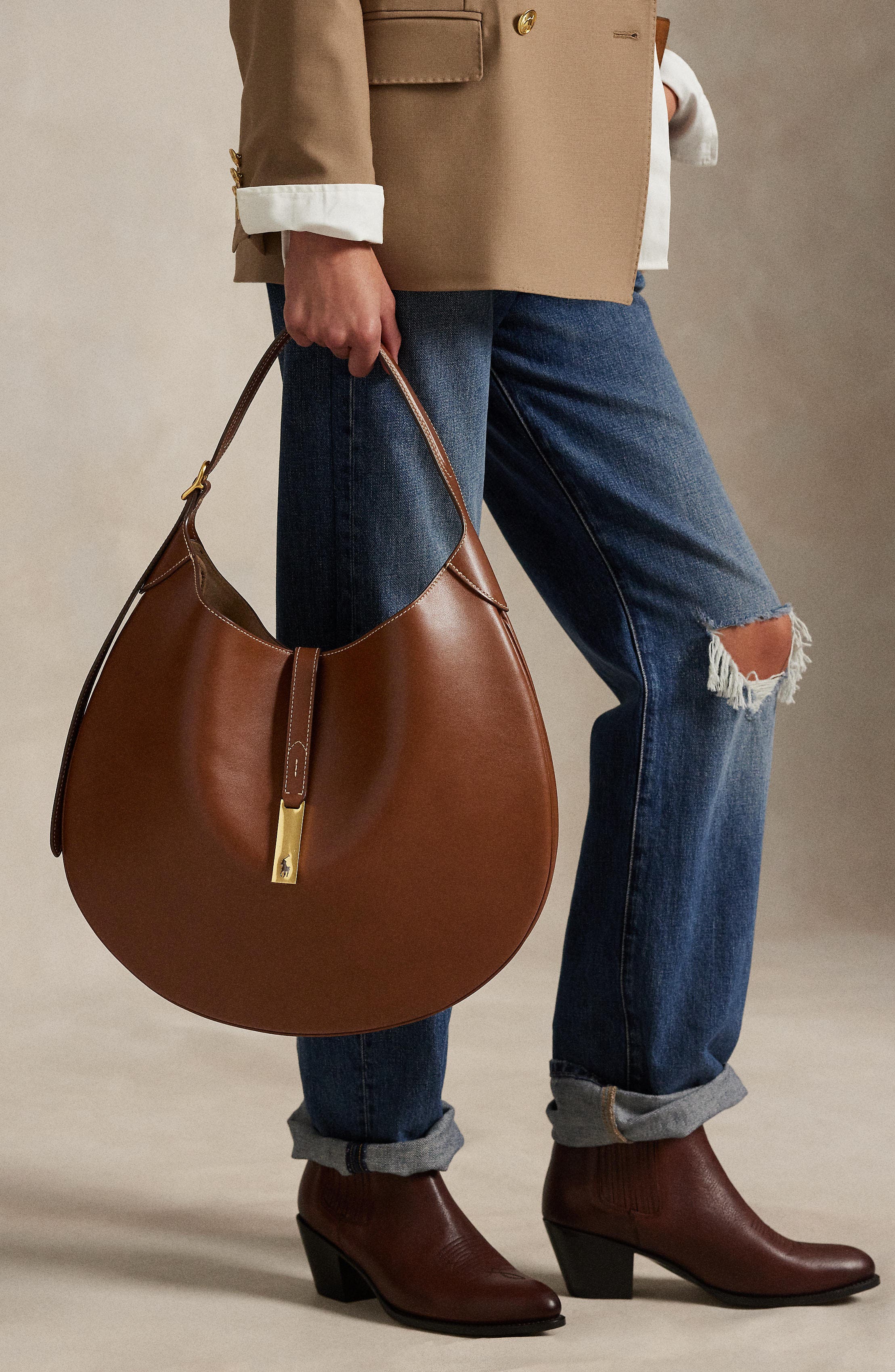 Large Polo ID Leather Shoulder Bag, Alternate, color, CUOIO