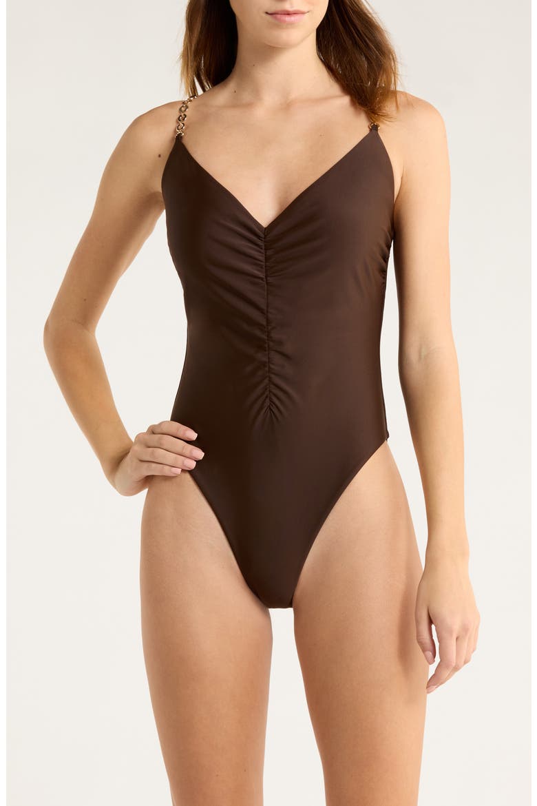 Monique Shirred One-Piece Swimsuit, Main, color, BEACH BROWN