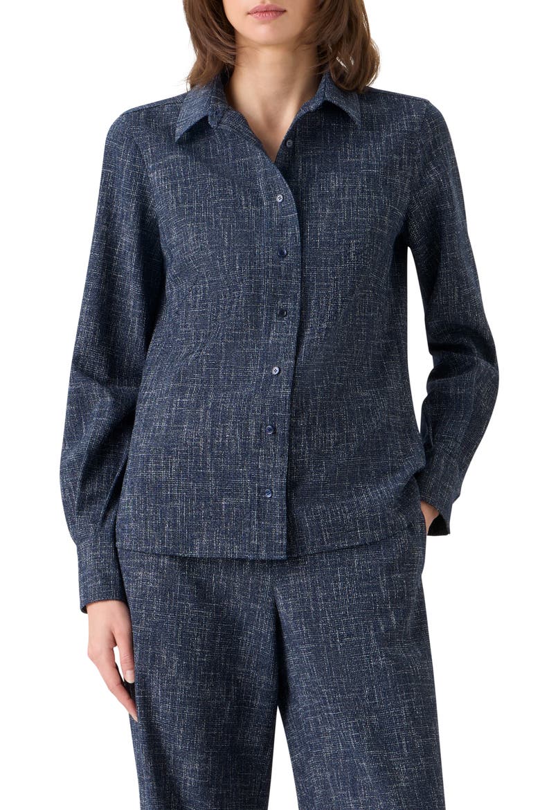Wool Blend Tweed Button-Up Shirt, Main, color, NAVY-ECRU