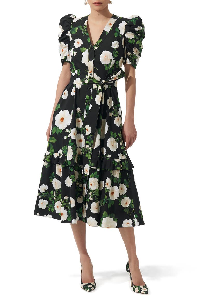 Floral Puff Sleeve Stretch Midi Dress, Main, color, BLACK MULTI