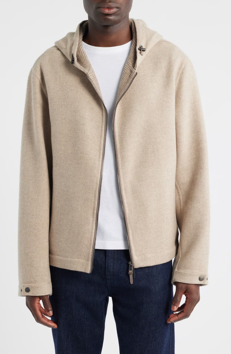 BOSS Cayro Virgin Wool & Cashmere Hooded Jacket, Main, color, Open Beige