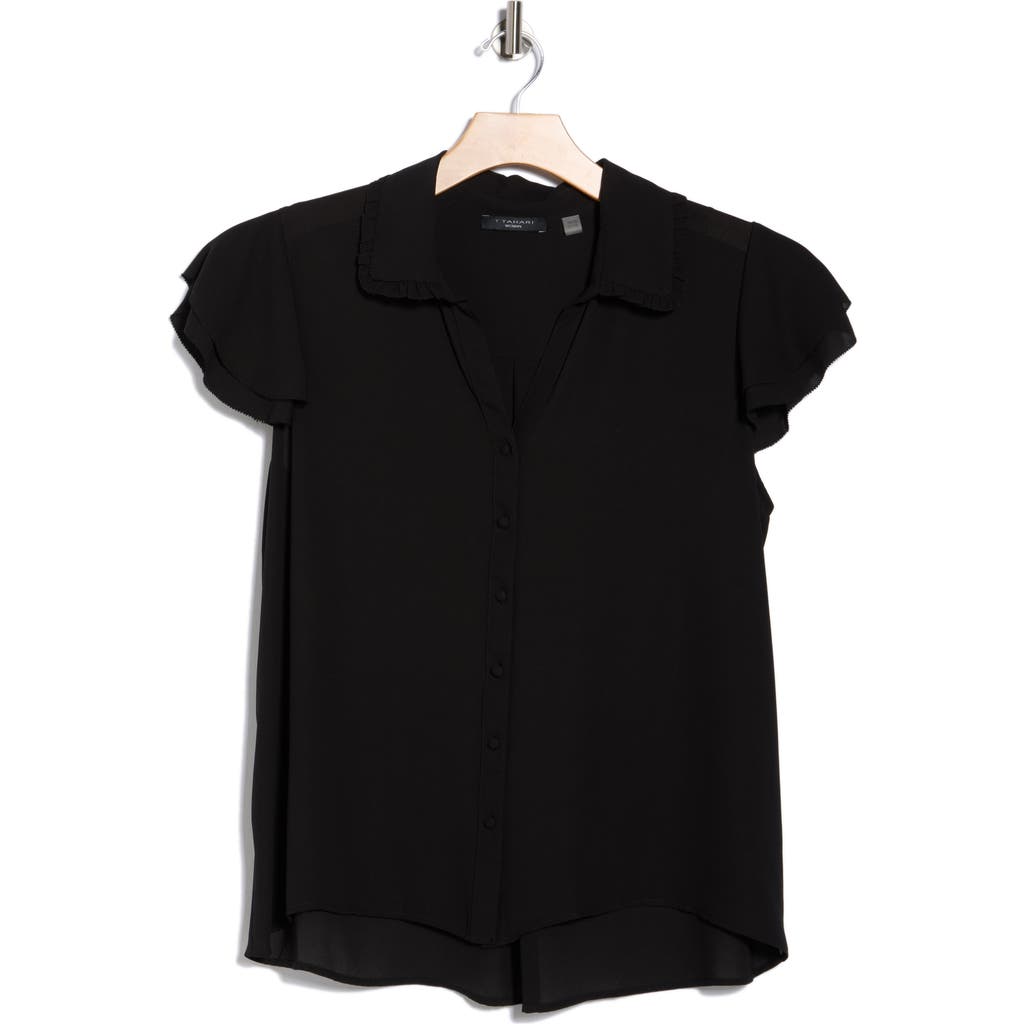 T Tahari Tiered Flutter Sleeve Button-up Shirt In Black