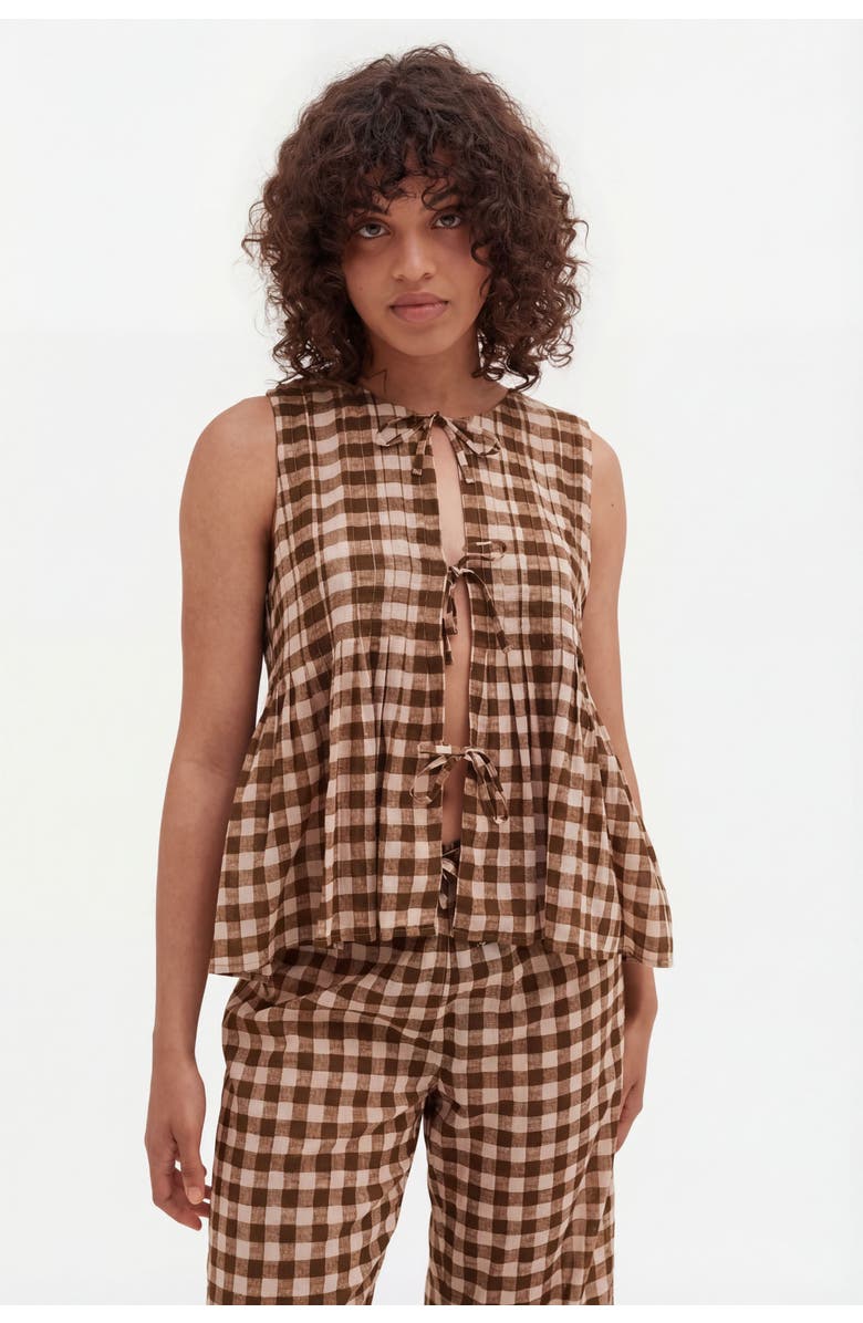 Desmond & Dempsey Pleated Cami Lounge Pajama Set, Alternate, color, Gingham 50S Brown/Cream