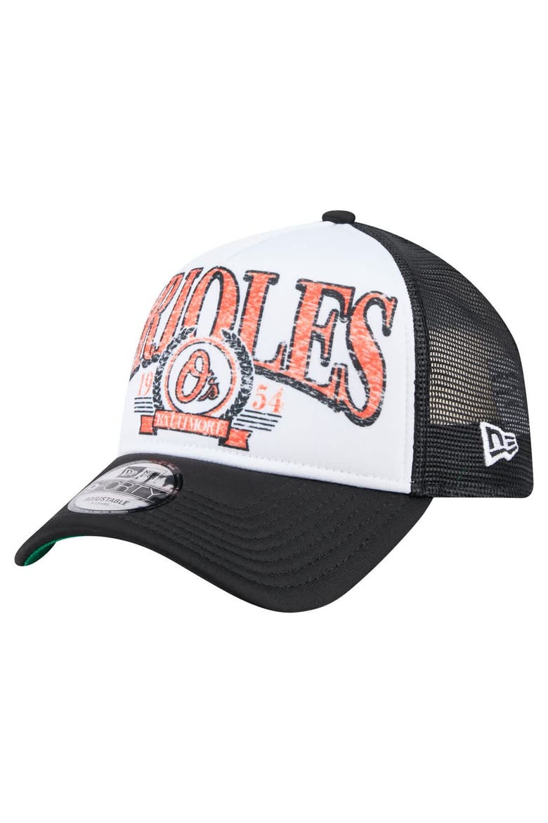 Men's New Era  Black Baltimore Orioles Distressed 9FORTY A-Frame Adjustable Trucker Hat, Main, color, Black
