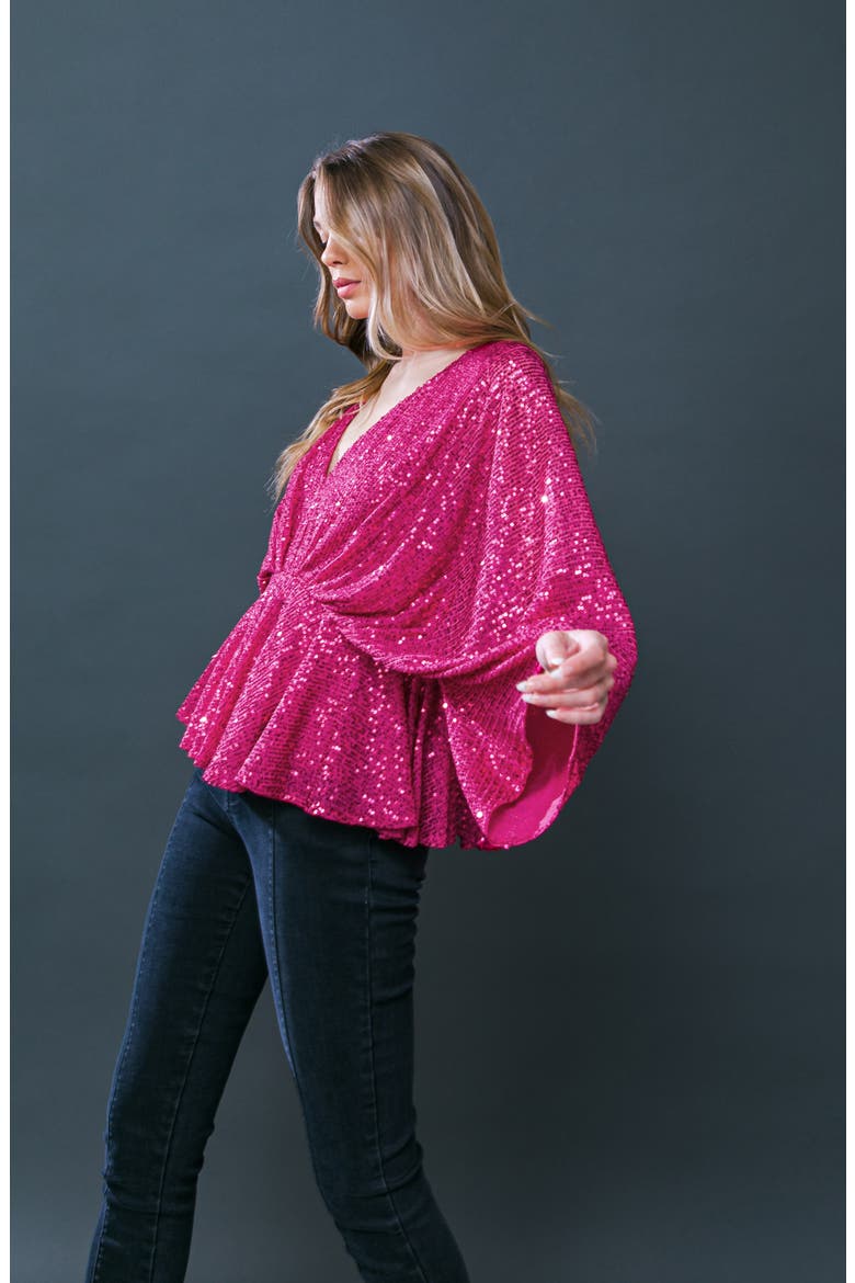 Sequin Embellished Batwing Sleeve Peplum Top, Alternate, color, FUCHSIA