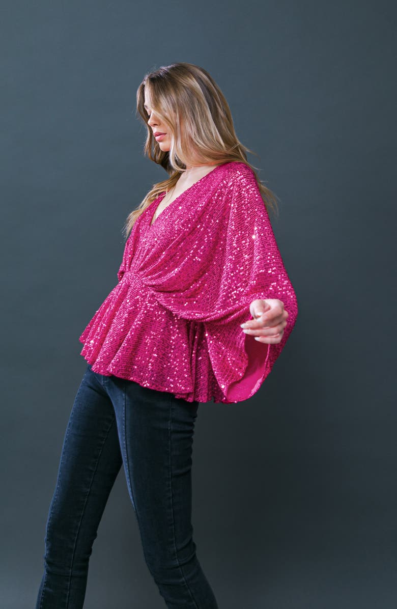 FLYING TOMATO Sequin Embellished Batwing Sleeve Peplum Top, Alternate, color, Fuchsia