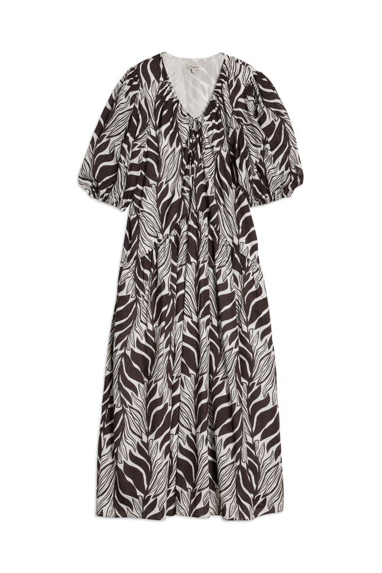 Mono Palm Tie-Neck Maxi Dress, Alternate, color, Brown