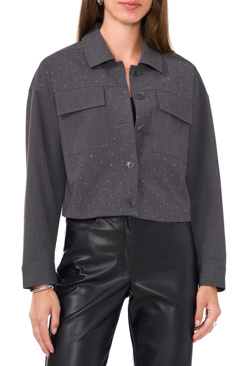 Vince Camuto Crystal Stud Crop Shacket, Alternate, color, Medium Heather Grey