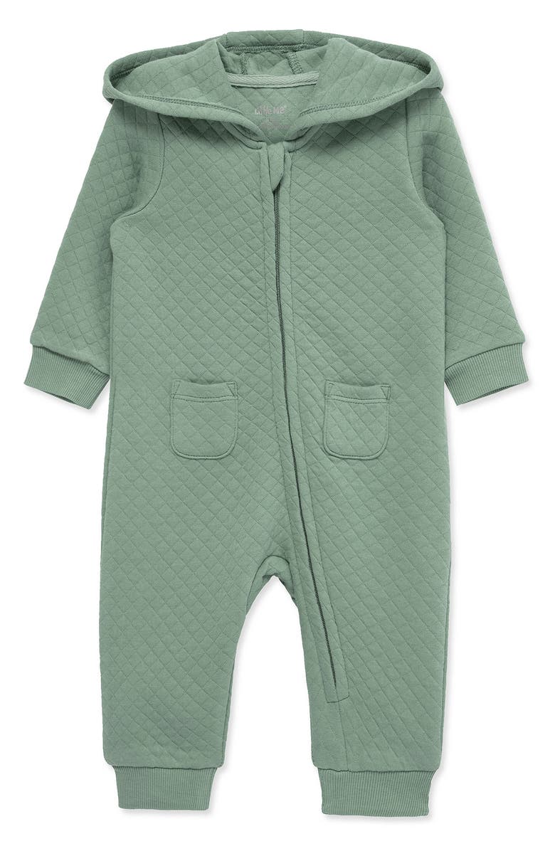 Little Me Hooded Diamond Quilted Romper, Main, color, Green