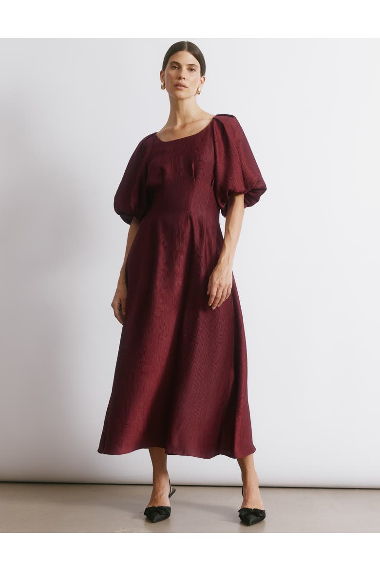 Crinkle Satin Short Sleeve Midi Dress, Main, color, Burgundy