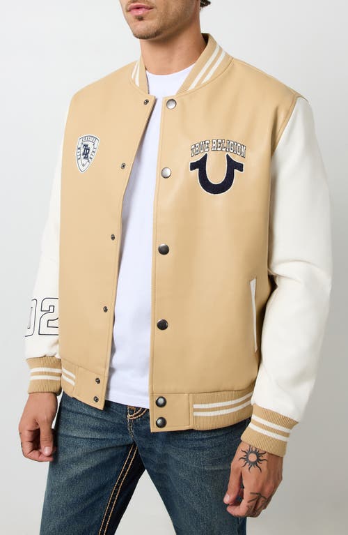 TRUE RELIGION TRUE RELIGION FAUX LEATHER VARSITY JACKET